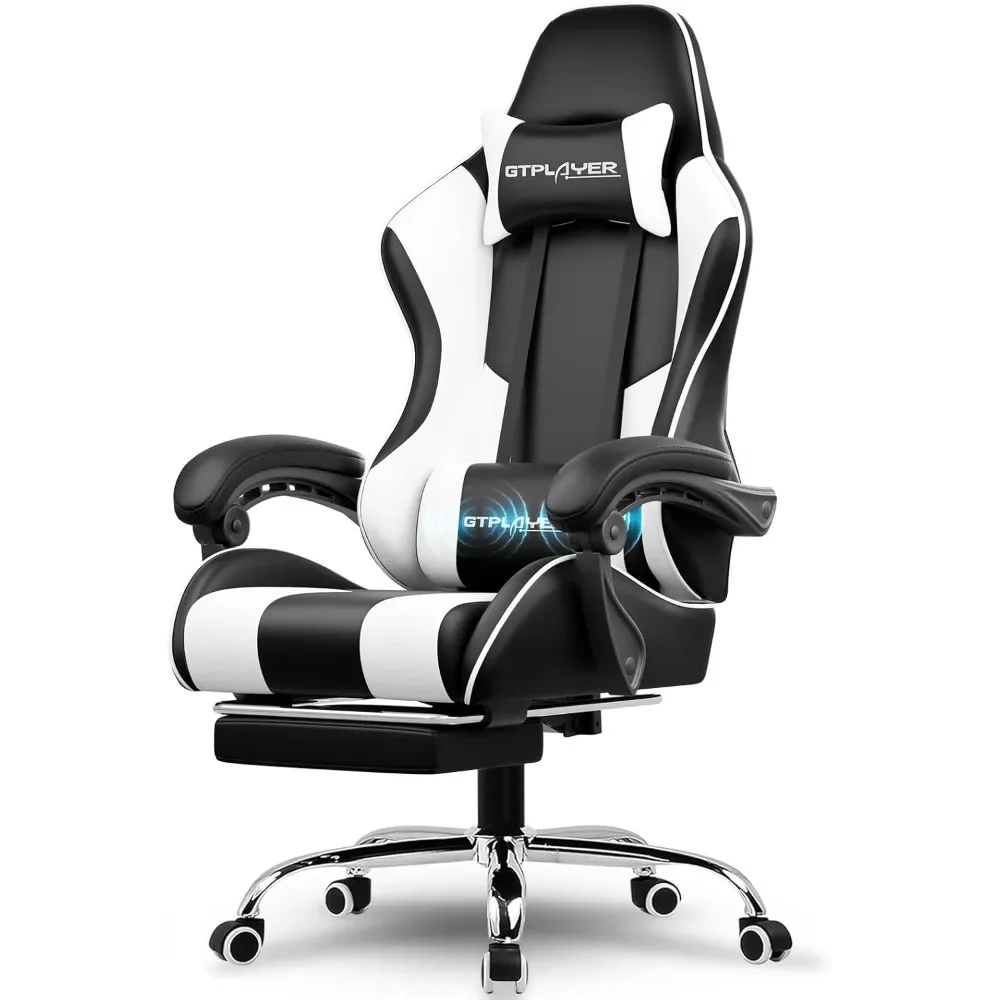 

Computer chair with footrest and lumbar support, height adjustable game chair with 360°-swivel seat and headrest