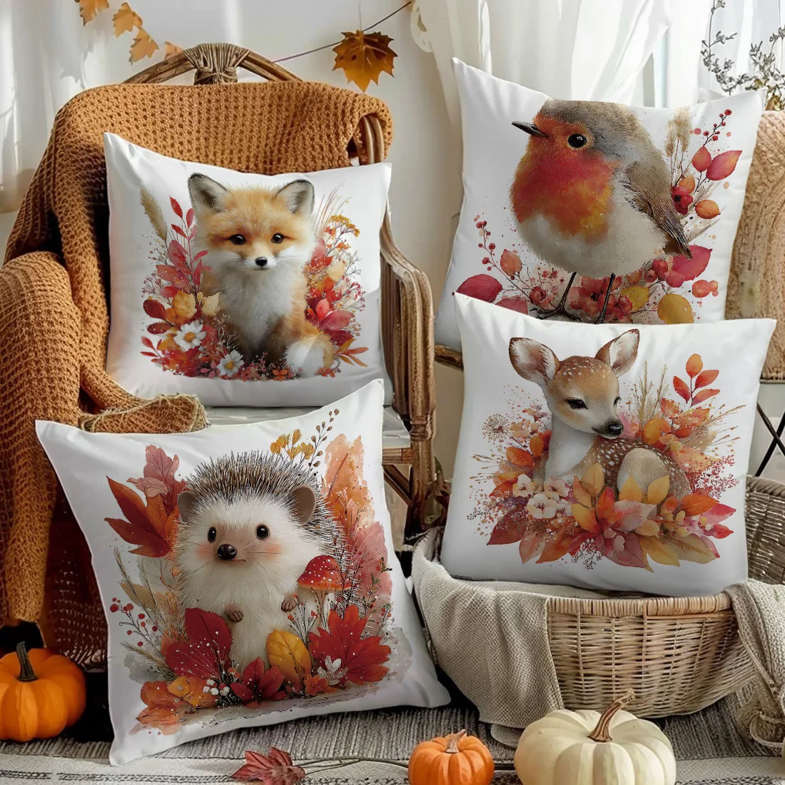 45*45cm Fall Leaves  Small Animal Throw Pillow Cover, Golden Autumn Atmosphere for Home Sofa Car Cushion Cover Decor Gifts