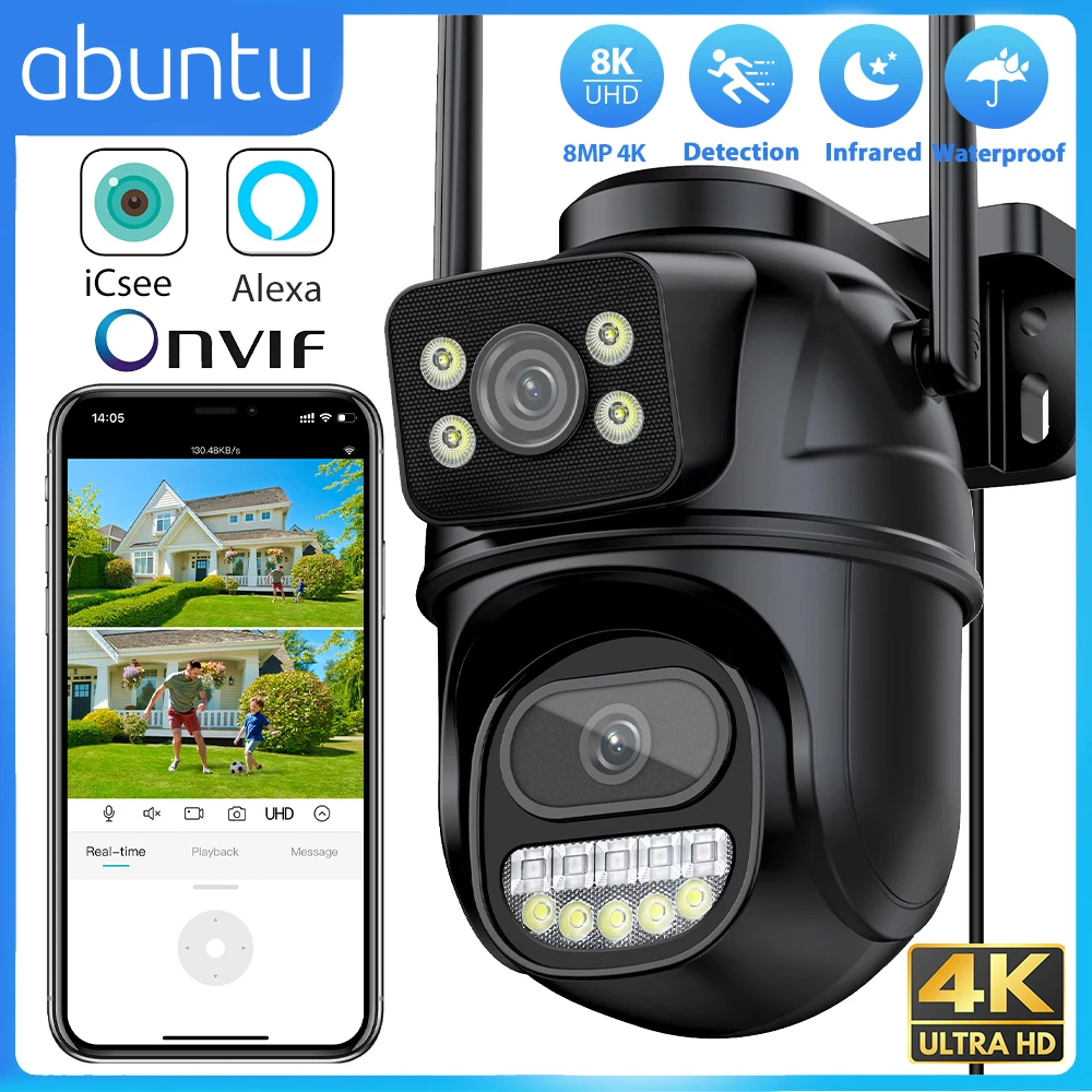 8MP 4K Dual Lens Wifi Camera ICSEE Outdoor Surveillance Camera Human Detection IR Night Vision H.265 Home Security Protection