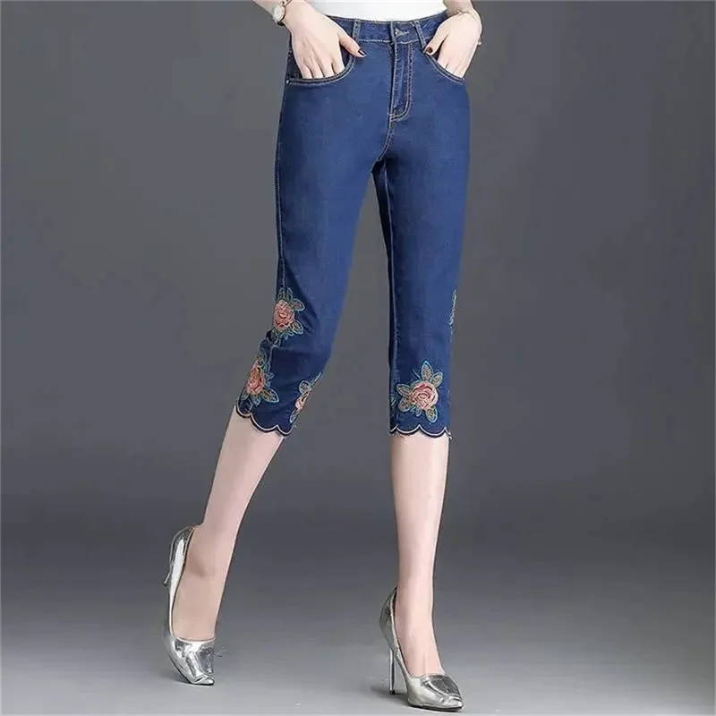 Moda Bordado Alta Trecho Verão Jeans 2023 Denim Calf-Comprimento Pant Mulheres Novas Soltas Harem Pants Meninas Calças Casuais Breeche