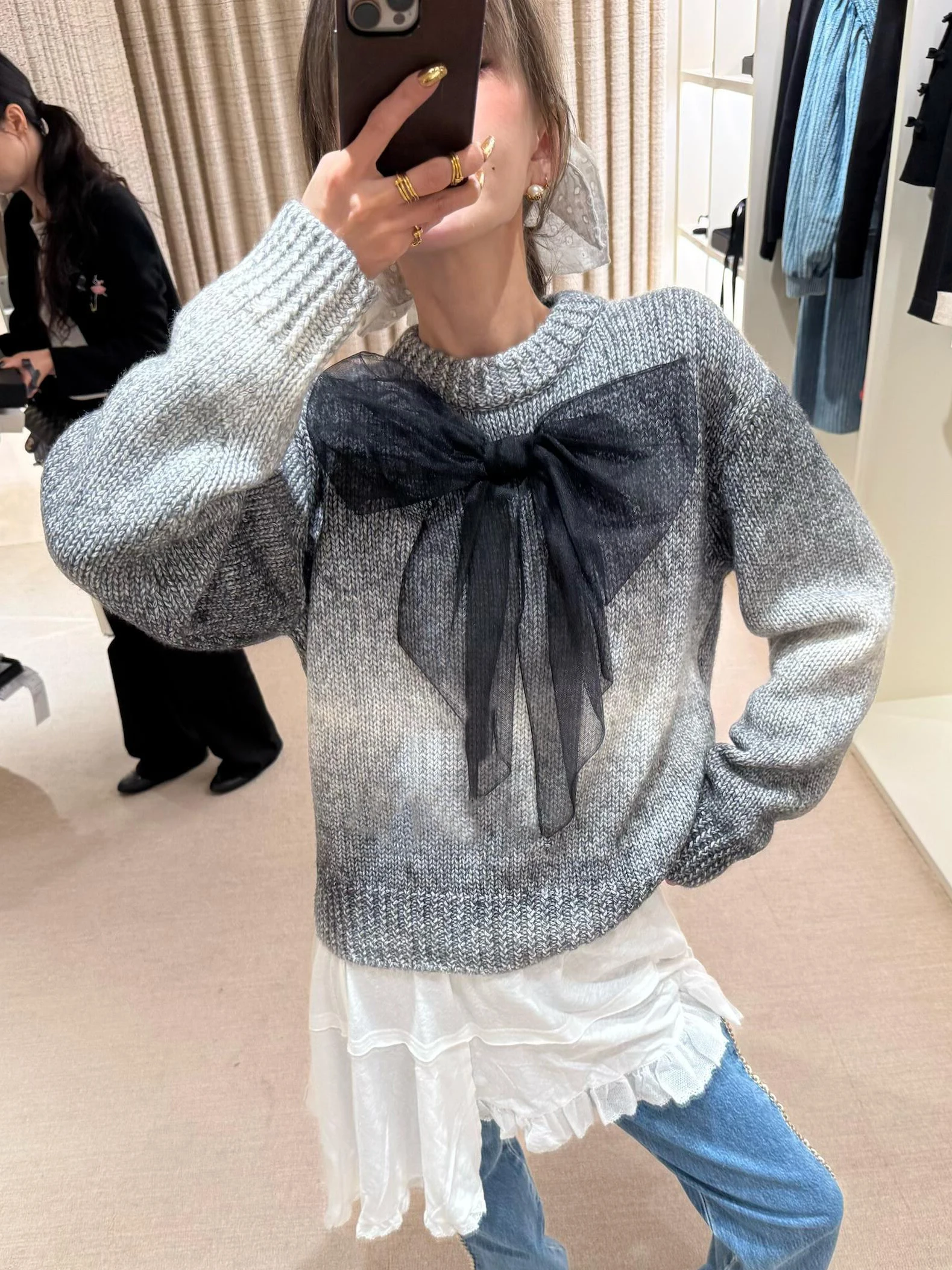 

Gray round Neck Knitwear Women's Unique Korean Style Knot Sweater Youthful Fashionable Loose Fit Long Sleeve Top