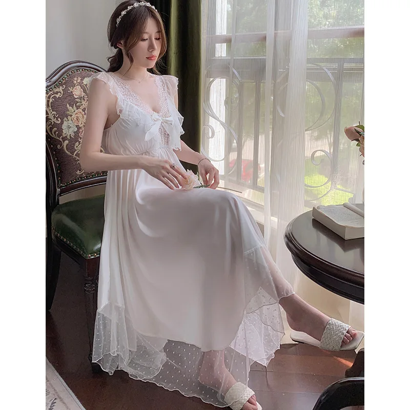 Summer Women Nightgown Sexy Lace Trim Long Nightdress Sleepwear Suspender V-Neck Chemise Nightwear Home Dress Loose Lounge Wear