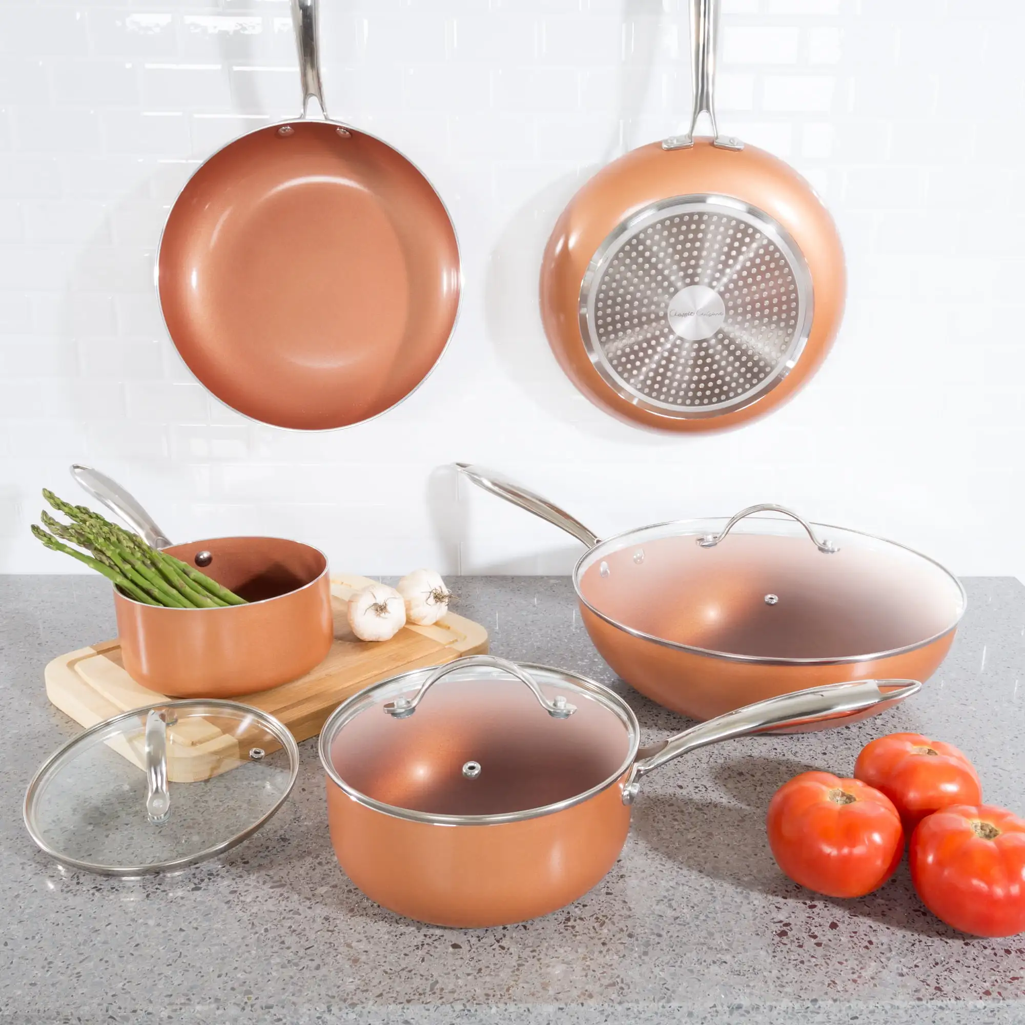 

Classic Cuisine 8 Piece Cookware Set with Nonstick Ceramic Coating, Tempered Glass Lid, Copper Color