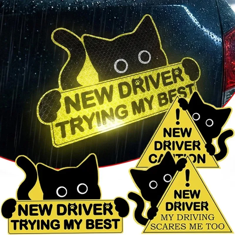 

3pcs Cute Cartoon Cat New Driver Reflective Stickers Strong Adhesive Waterproof Student Driver Safety Warning Decal for Car Bump