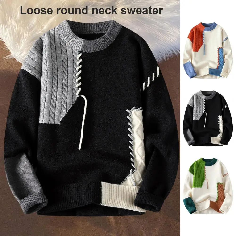 

Men Color-blocked Sweater Men's Color Block Round Neck Sweater with Slicing Design Thick Knitted Pullover for Autumn Winter Work