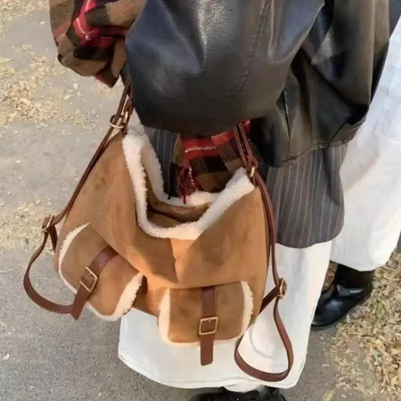 Retro Faux Suede Brown Tote Bag Women Fuzzy Trim Large Capacity Shoulder Bags Ladies Stain Resistant Multi Functional Backpack
