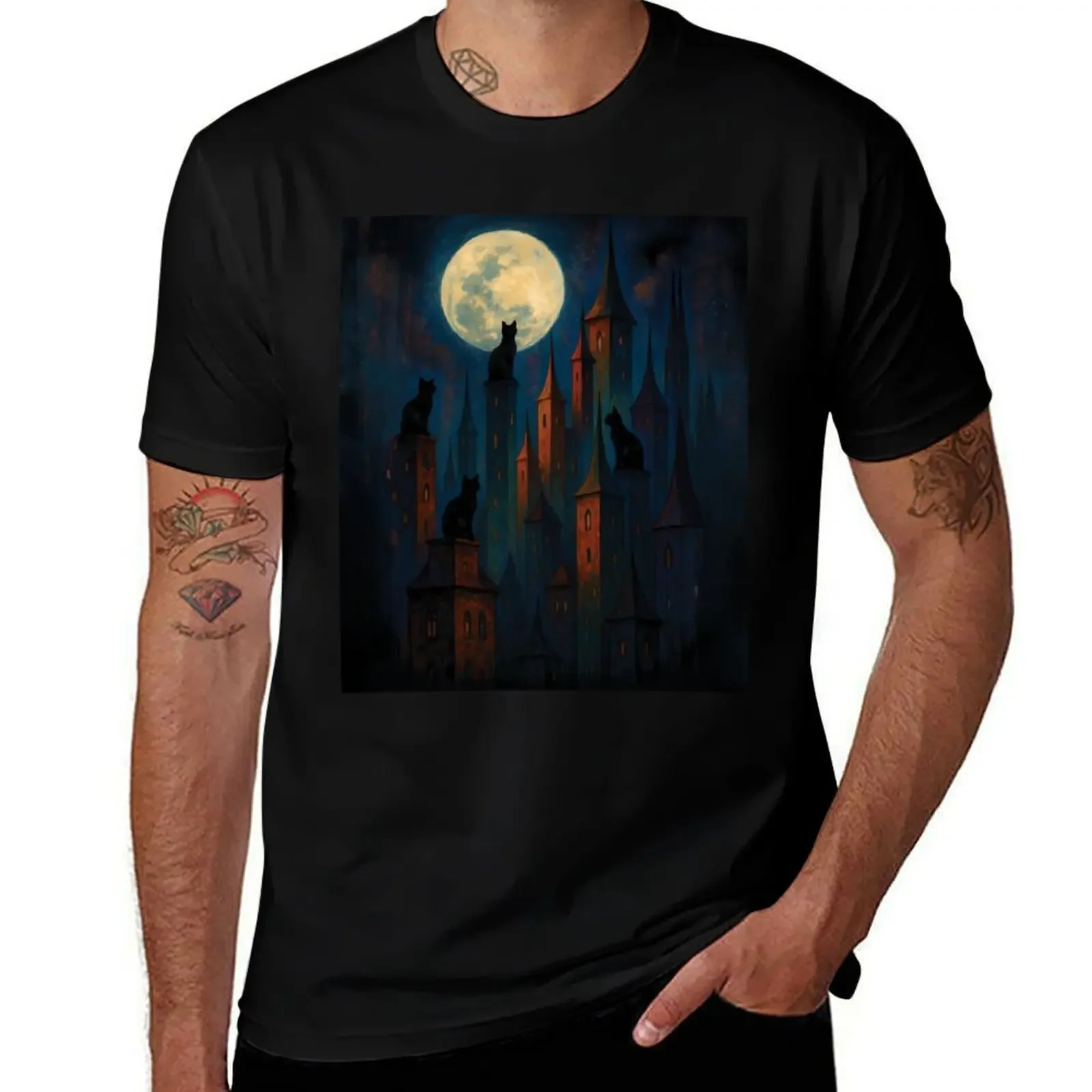 

Black Cats on Rooftops and Moon T-Shirt funny meme t-shirts baggy shirts luxury designer big and tall t shirts for men