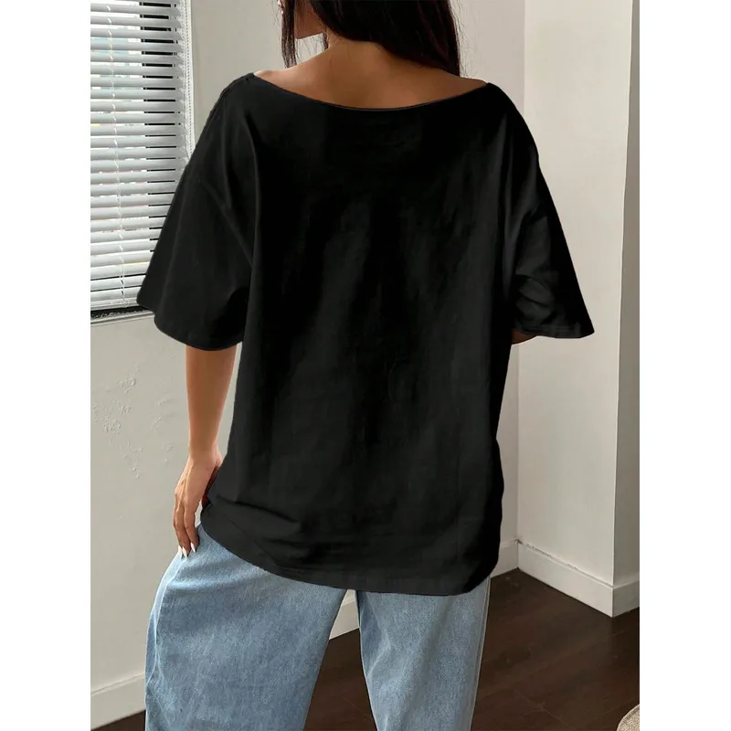 Black White Minimalist Stick Figure And Repeated 'BLA' Line Art  Shoulder Loose Print T-ShirtTop