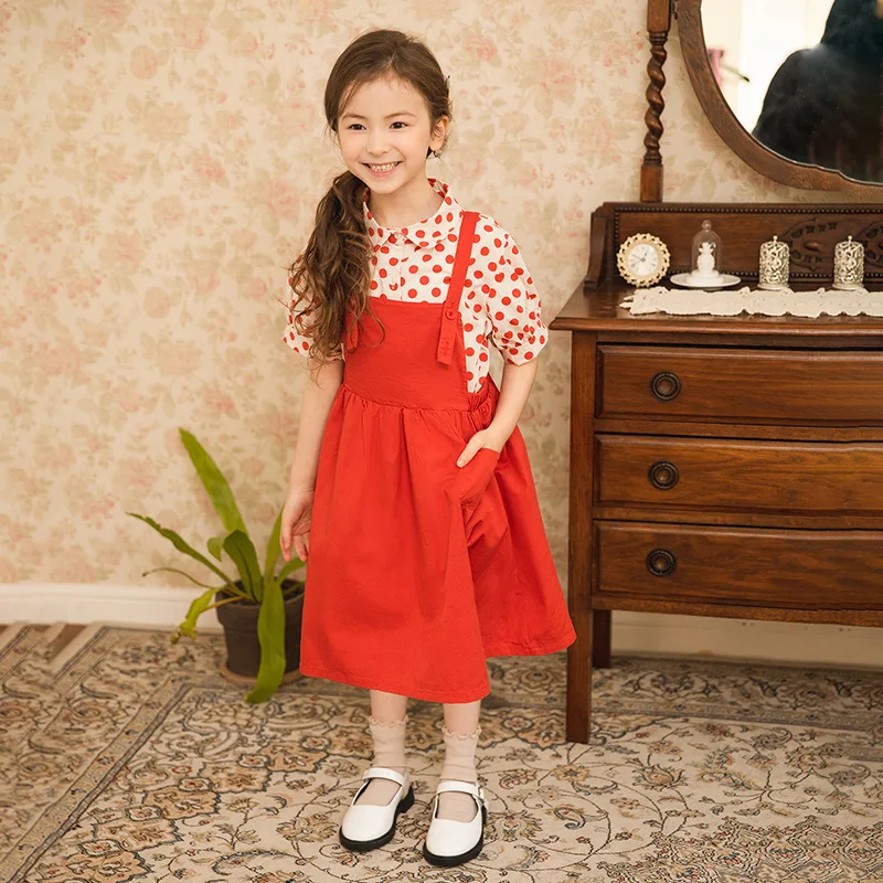 2024 Summer Baby Girls Short Sleeves Dress Set Children Wave Point T-shirt+Solid Color Strappy Dress Two-piece Suit