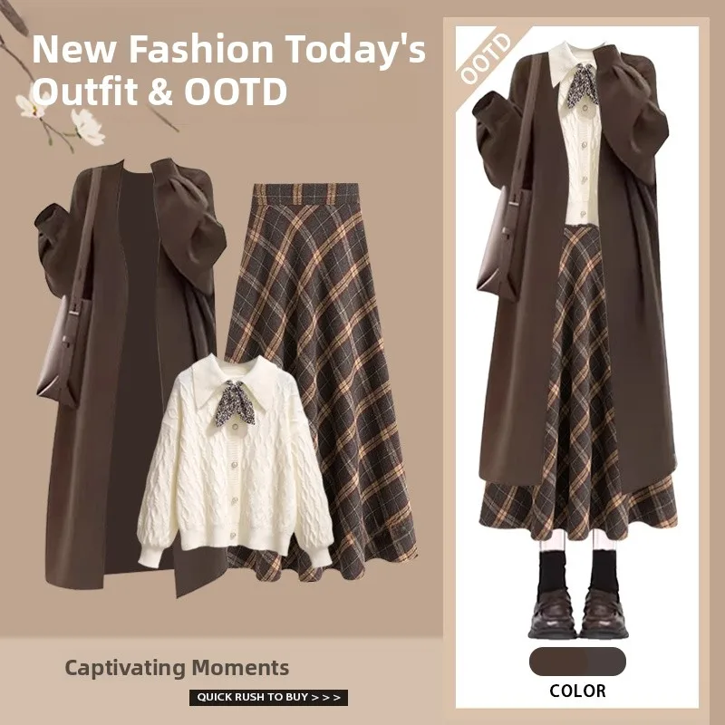 

Winter Women's Fashion Set High-End Knitted Cardigan Sweater Plaid Skirt Three-Piece Suit Casual Style Korean Trend