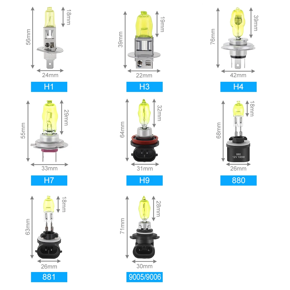 2pcs 3000LM 100W Car Halogen Bulb HOD Lamp 2800K Yellow Light Front Headlight  H1/ H3 / H4 / H7 / 880 / 881 / 9005 / 9006