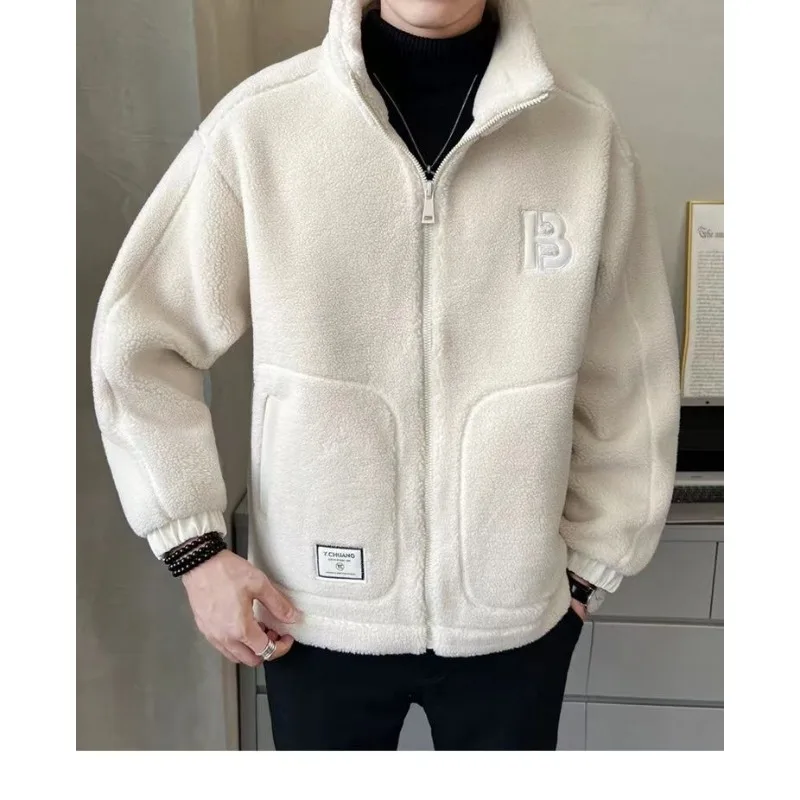 2024 New Korean Men's Lamb Fleece Cotton Jacket with Thick Fleece Coat for Men's Autumn and Winter Casual Clothing Trendy Brand