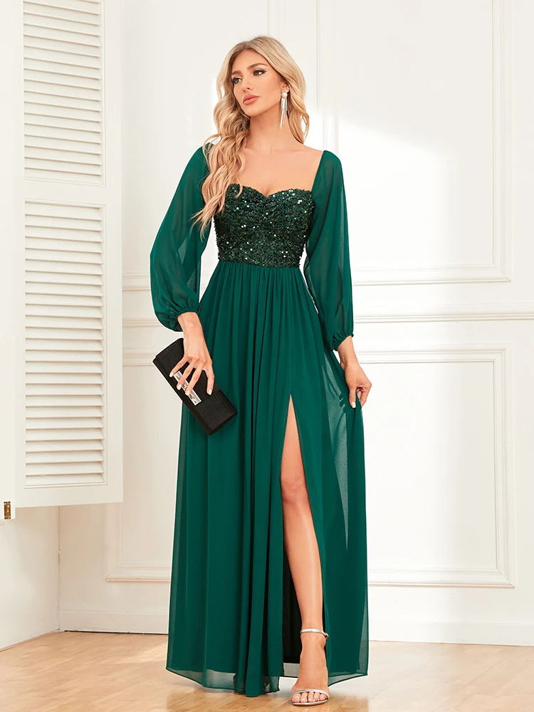 

Sequin Splicing Chiffon Dresses Spring Women Off Shoulder Split Lace Up Dress Female High Waist Long Sleeves Floor Length Dress