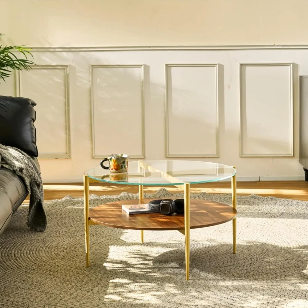 Saint Mossi BLEVIO Glass Round Coffee Table, Middle-Century Modern Style, Perfect for Living Room, Clear Glass Top & Walnut Brow