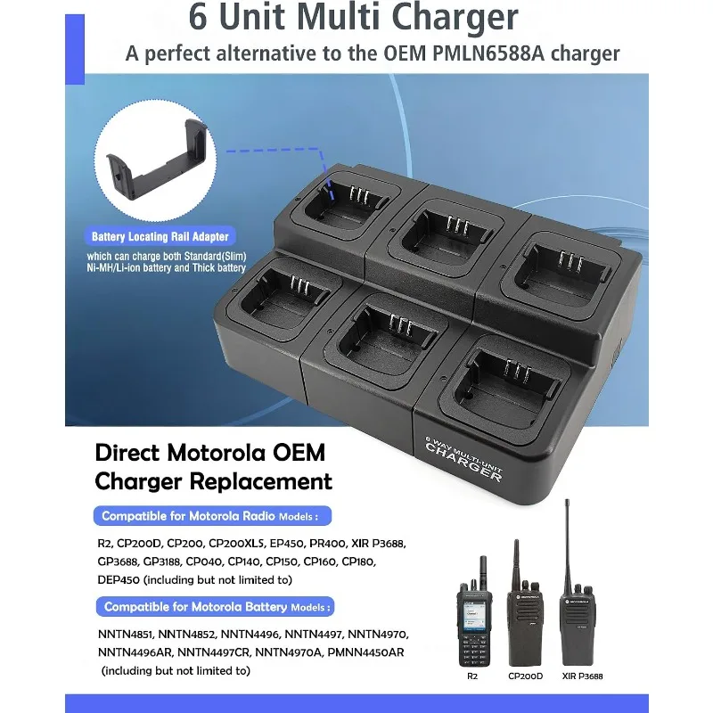 Six Unit Multi Charger for Motorola CP200D CP200 EP450 GP3688 R2 XIRP3688 DEP450 & NNTN4851 NNTN4497 NNTN4970 PMNN4450 Batteries