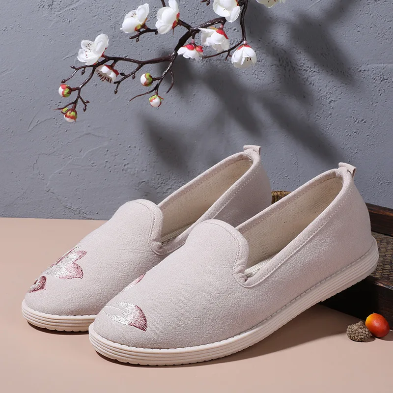 

2026 Summer Women's Green Beige Gray Embroidery Slip-On Flats Breathable Linen Casual Daily Shoes Chinese Hanfu Shoes Q-179
