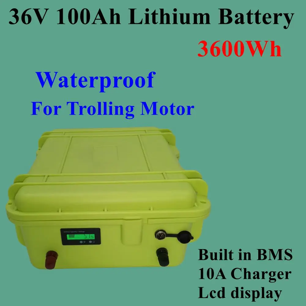 

Waterproof rechargeable 100Ah lithium battery BMS 4000W for fish boat trolling motor boat motor,inverter + 42V 10A Charger.