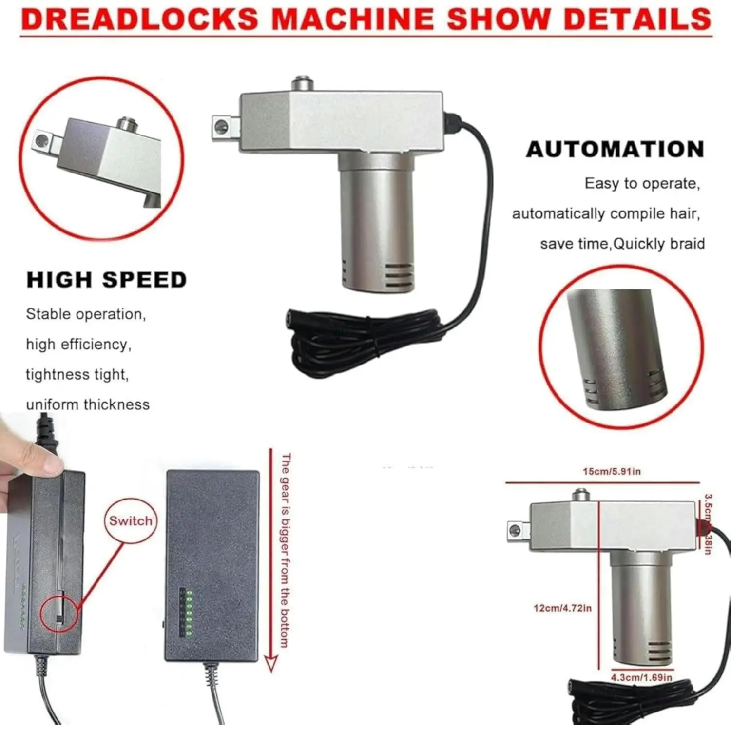 Dreadlock Maker Machine,Portable Handheld Electric Dreadlock Tools,for Dreadlock Suitable for Long Human Hair and Synthetic Hair