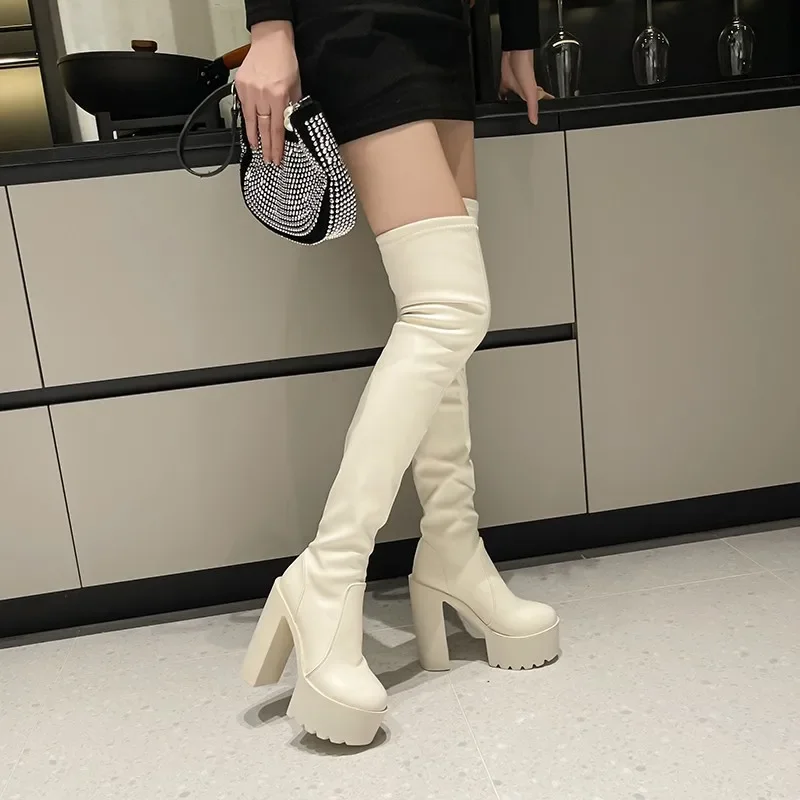 New Sexy Over The Knee Boots Round Toe 14cm Chunky High Heel Women's Shoes Long Boots Black Platform Round Toe Thigh High Botas