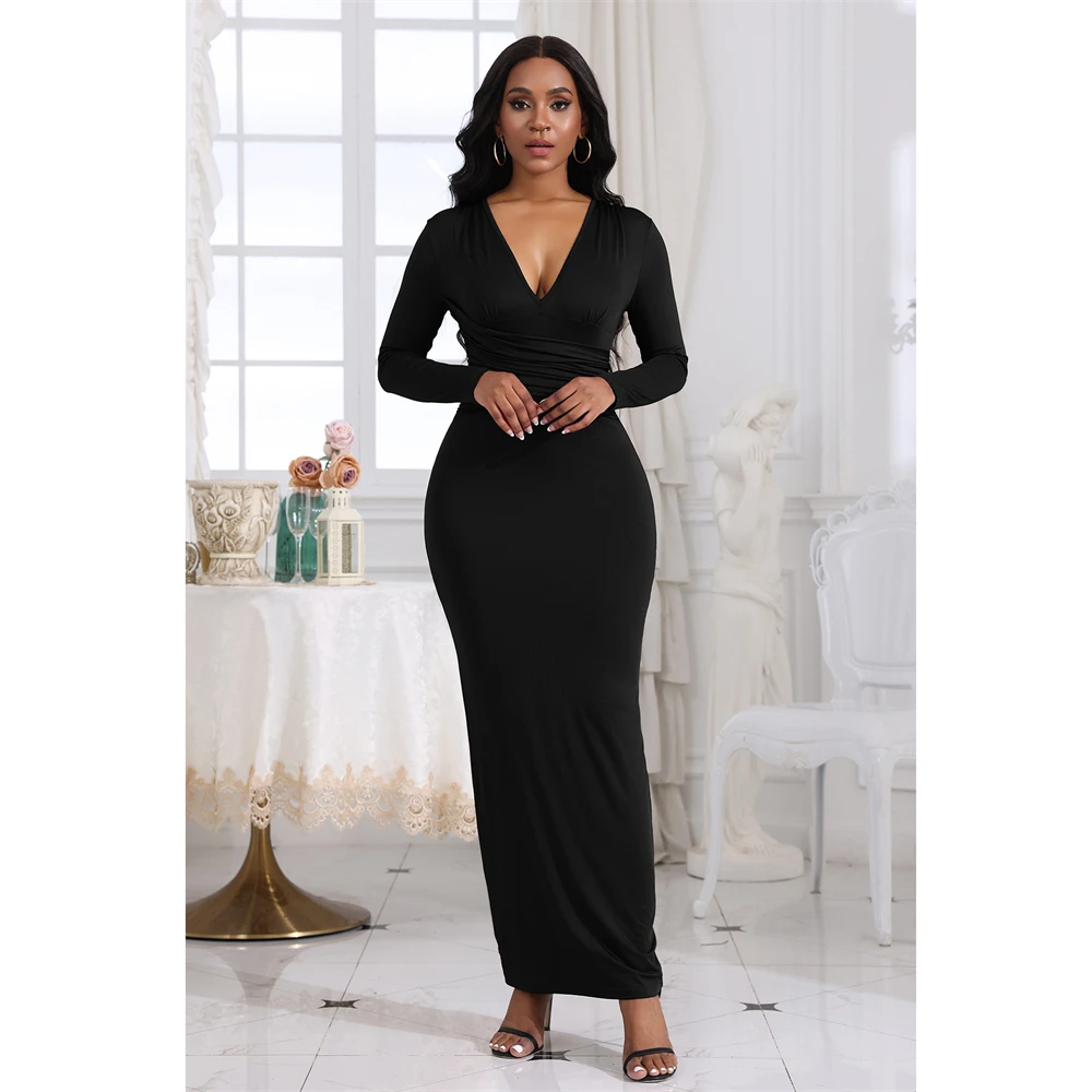 Women Casual Sheath Dress Elegant Pullover Sexy Deep V-neck Solid Color Dress Autumn Bodycon Slim Fit Chic Female Maxi Vestidos