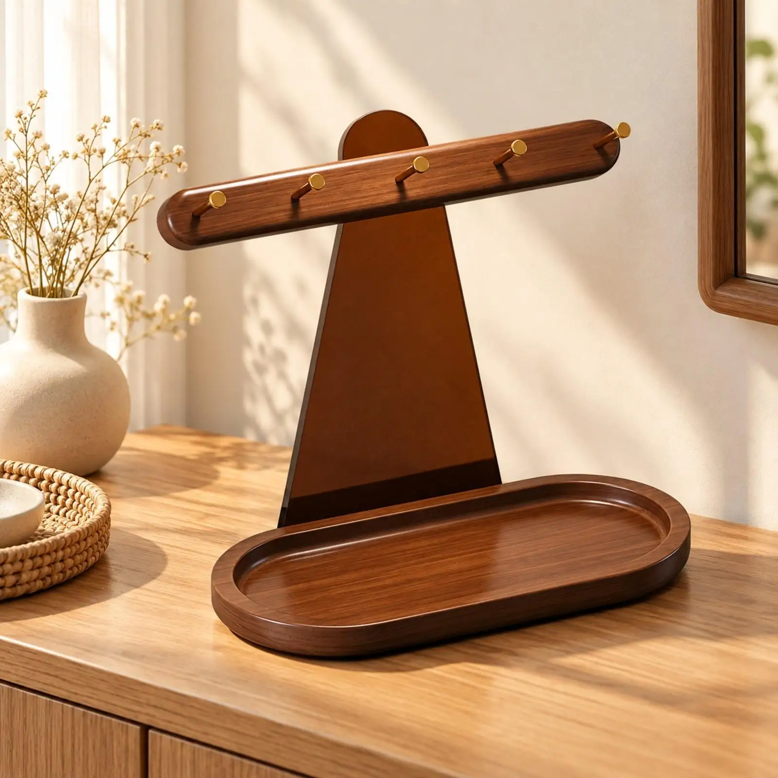 Entryway Key Organizer Rack Rubber Wood Tray with Acrylic Panel and Hooks for Watches Perfume Desk Side Table Storage