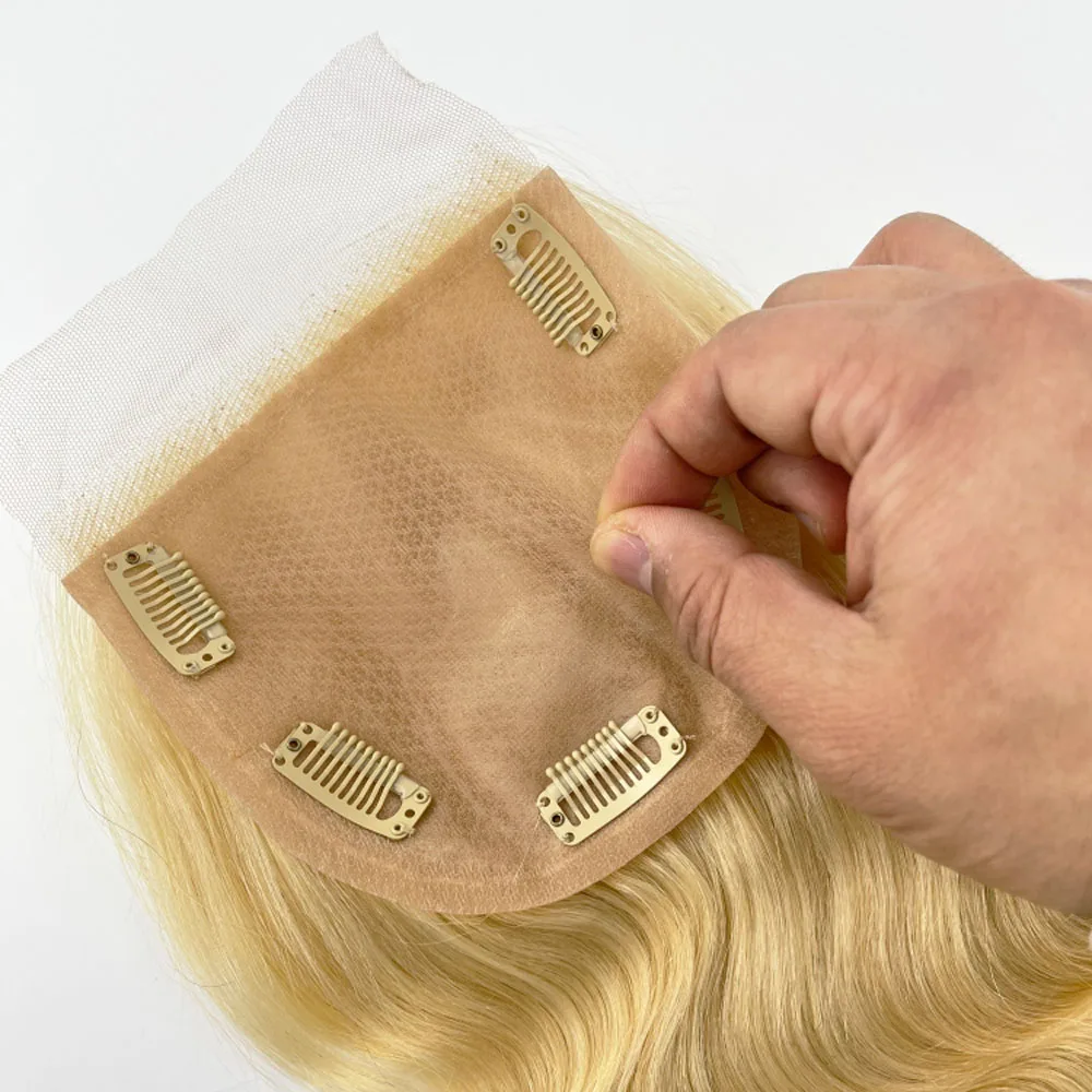 ضوء شقراء الحرير إغلاق العلوي الجسم موجة البرازيلي ريمي الشعر البشري توبر قاعدة الحرير لتخفيف الشعر النساء مع كليب في 24" #5