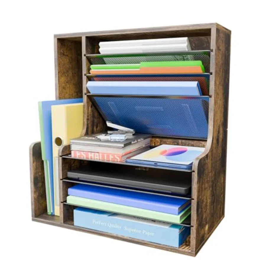 

7-уровневый настольный органайзер для файлов, деревянный лоток для бумаг, органайзер для документов с регулируемым держателем для файлов, сетчатый настольный органайзер и система хранения