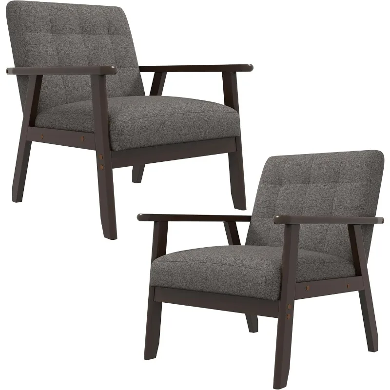 Lot de 2 chaises d'appoint avec cadre en bois massif et coussin doux et épais, pied en solution pour chambre à coucher, balcon, tissu en lin gris et pieds noirs