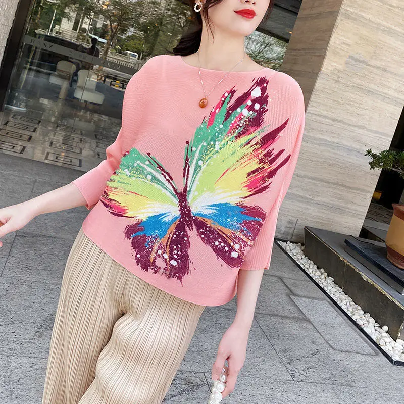 

Butterfly Colorful Print Pleated 3/4 Sleeve T-shirt 2023 Summer New Western Style T Shirt Age Reducing Versatile T Shirt Top