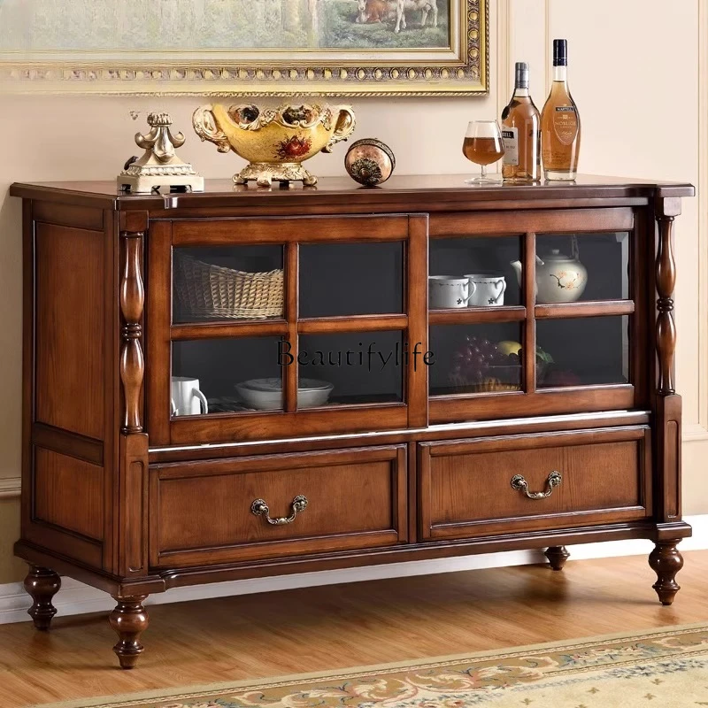 

American side cabinet Solid wood retro sliding door Tea wall side locker