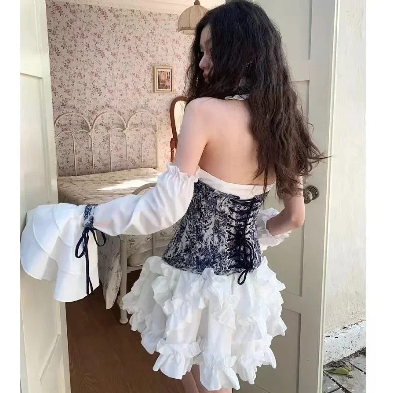 2023 Summer New Women\'s Pure Desire Sexy Spicy Girl Bra Dress Blue Waistband Skirt Flower Fluffy Skirt Clothes