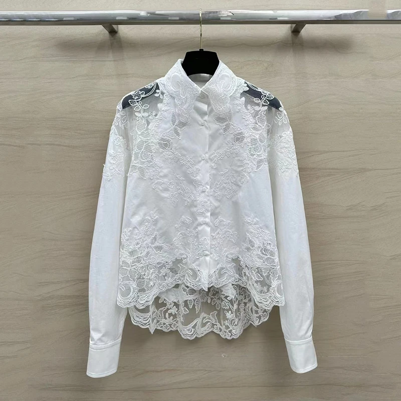 Embroidery hollow mesh embroidery lapel women\'s shirt temperament fashion long-sleeved blouse, high quality, 2024, fall, new