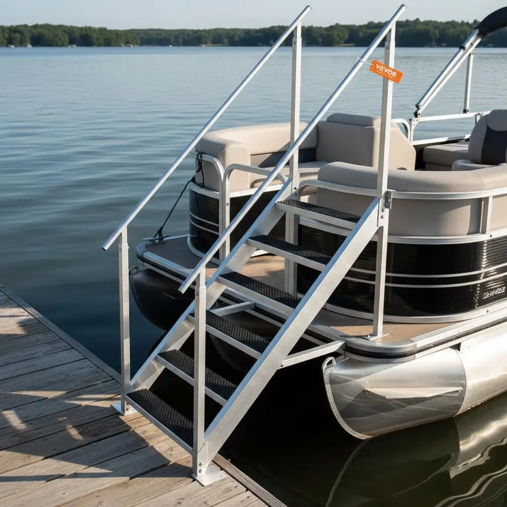 

Aluminum Alloy 6-Step Boarding Stairs 43''-51'' Adjustable For Ship Lake Pool 500 lbs Load Capacity Dual Handrails Surface Ma