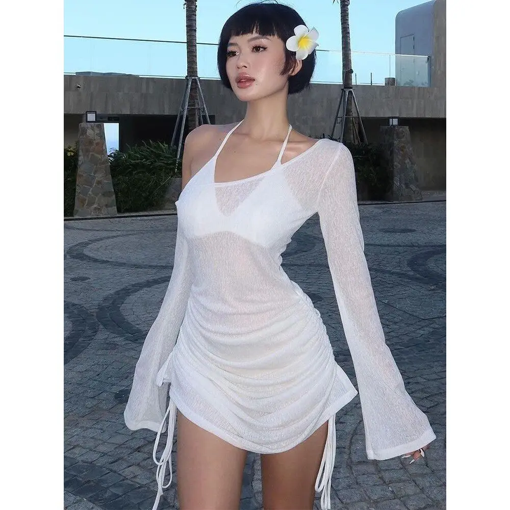 

Y2K Sheer Mesh Halter Neck Drawstring Bodycon Mini Dress Women Long Sleeve Flare Sleeve See Through Ruched Summer Beach Cover Up