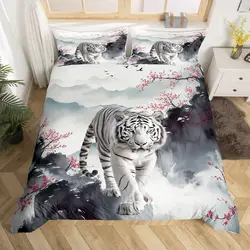 White Tiger Duvet Cover Full Japanese Ukiyo-e Cherry Blossoms Comforter Cover Wild Animal Plant Bedding Set Ink Art Quilt Cover