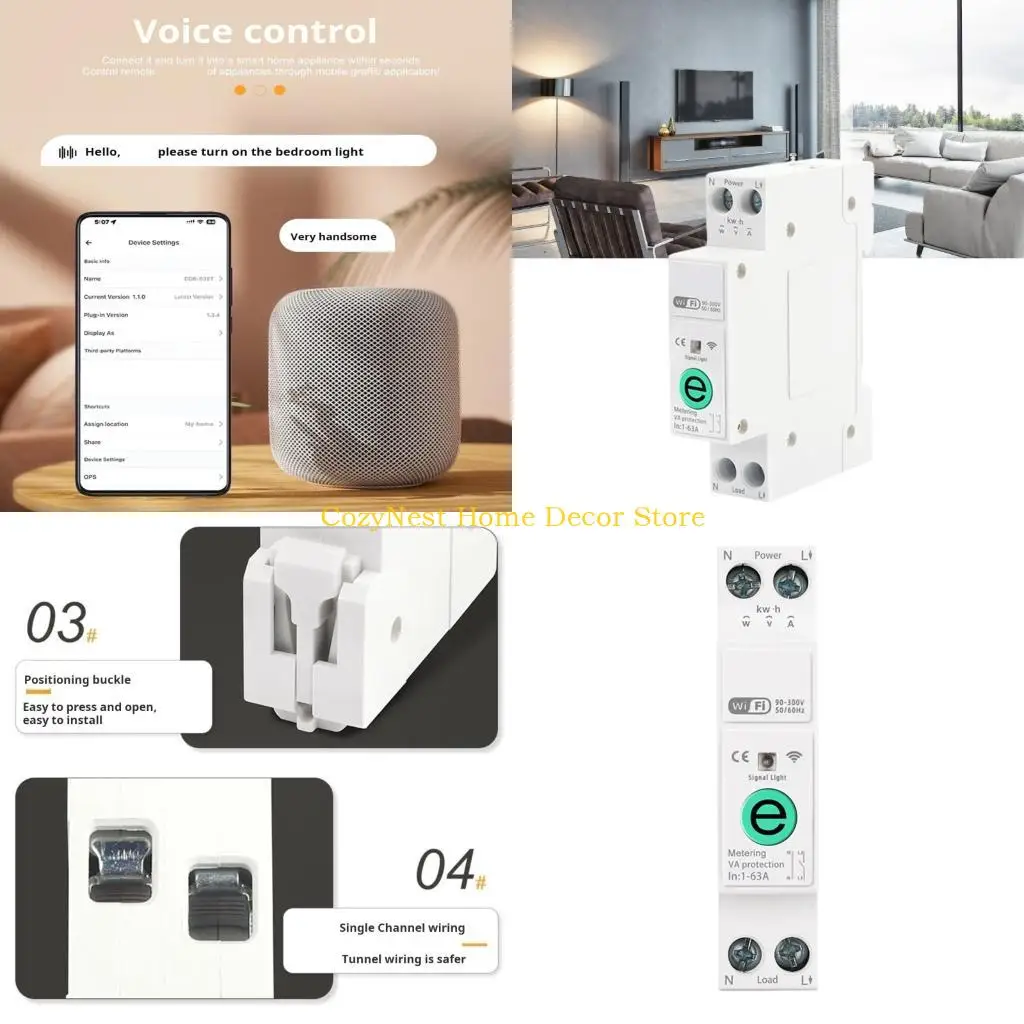 92MF WiFi Intelligent Circuit Breaker Voltages Current Meter Protectors 1-63A Rail DIN Remote Voice Control Circuit Breaker