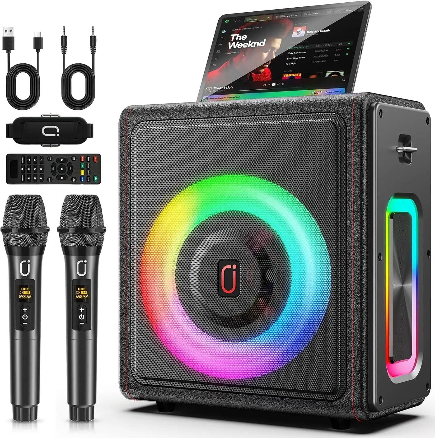 

Karaoke Machine, Portable Bluetooth 5.3 Speaker with 2 Wireless Microphones for Adults, PA System with Pitch Correction & Echo A
