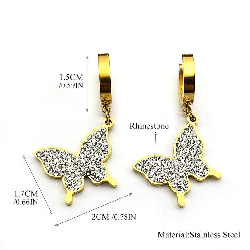 Stylish Butterfly Dangle Charm Earrings for Women Girls Rhinestone Stainless Steel Gold Silver Color Hoop Earrings Jewelry