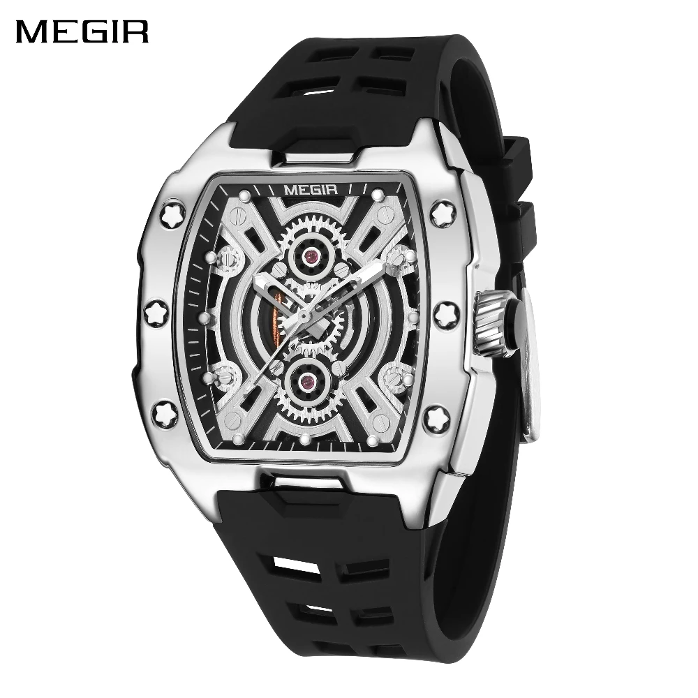 

MEGIR 8116, новые модные мужские кварцевые часы в форме винной бочки, дизайн рамки, спортивный силиконовый ремешок, роскошные мужские часы