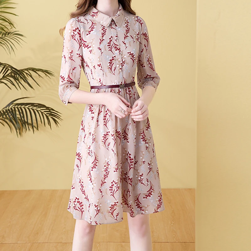 EVNISI Chic Polo Collar Chiffon Dress With Belt Elegant Floral Printing A-line Dresses Summer Women Casual Slim Fairy Vestido