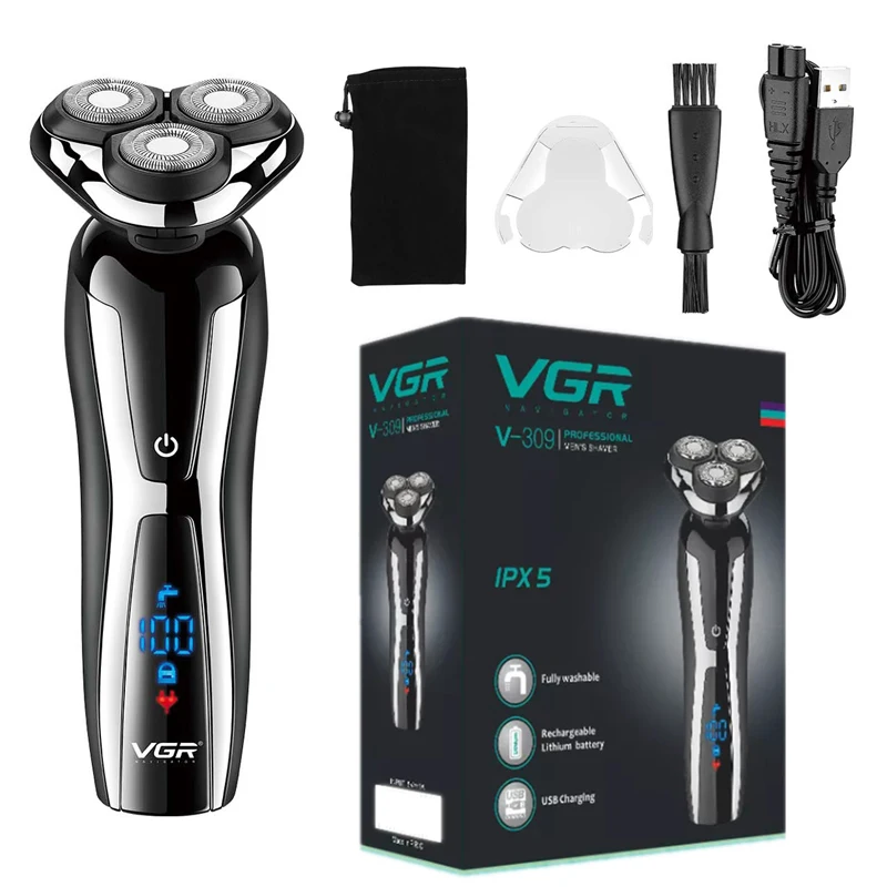 VGR Wet Dry Electric Shaver For Men Rotary Beard Electric Razor Shaving Machine Grooming Kit Rechargeable LCD Display