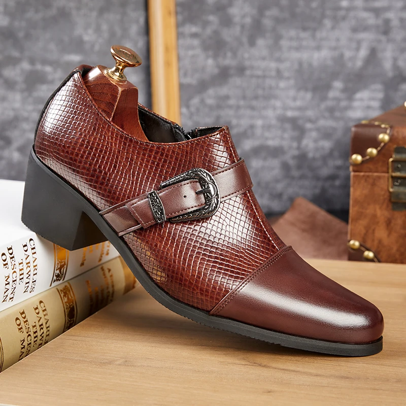 

Business Men Loafers Men Cuban Casual High-heeled Brand Pointed-toe Leather Shoes Social Shoes Sizes 39-46 Men Shoes