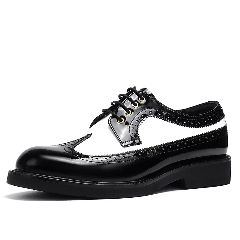 

Black Mixed White British Style Brogue Carved Oxfords Businessman Shining Patent Leather Glossy Wingtips Formal Dress Shoes