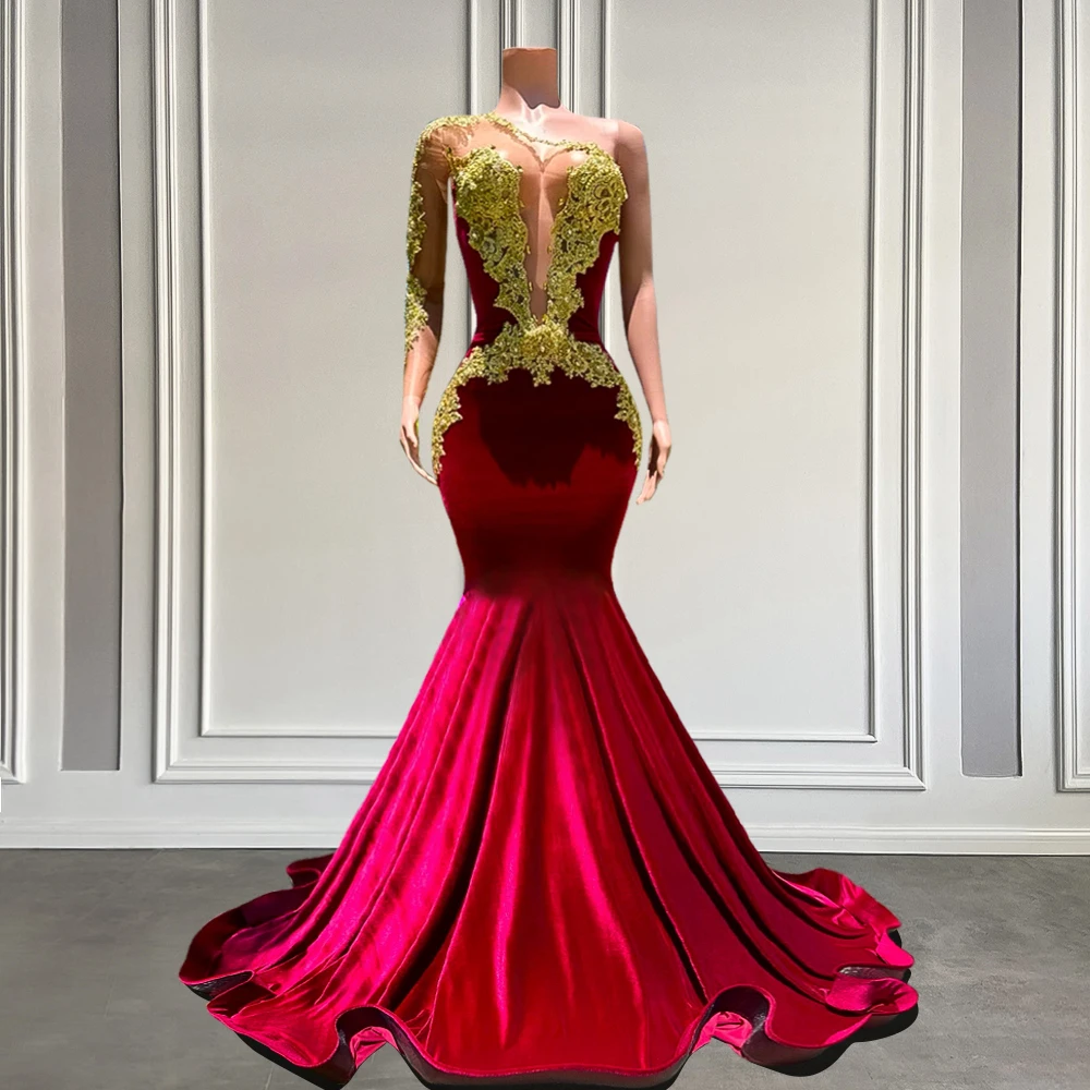 

Elegant Red One Sleeve Mermaid Prom Dresses Luxury Sparkly Gold Diamond Crystal Velvet Long Black Girl Prom Gown Customized