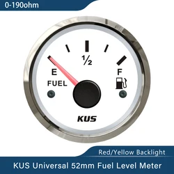 KUS New 52mm Auto Marine Fuel Oil Level Gauge Meter 0-190 ohm 240-33ohm with Red  Yellow Backlight 12V/24V for Car Boat