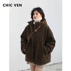 CHIC VEN Women Jackets Thick Casual Loose Hooded Faux Lamb Fur Plush Coat Women's Winter Parkas Warm Woman Overcoat Female