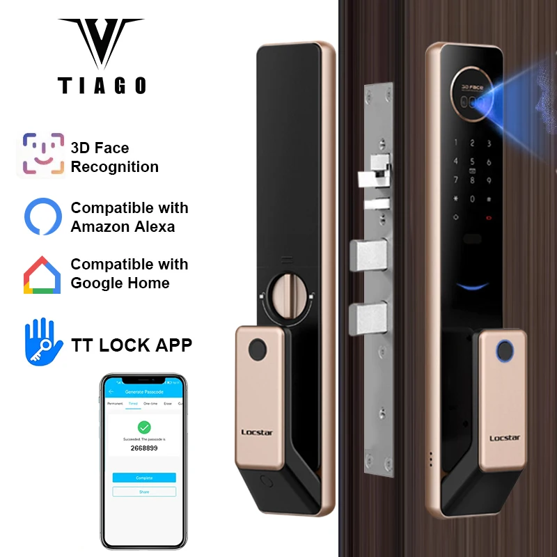 

TIAGO 2023 New TTlock APP 3D Face Recognition Smart Door Lock Alexa Google Home Fully Automatic Electric Smart Digital Door Lock