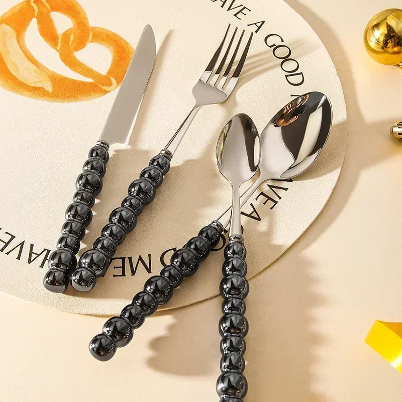 4pcs Set Spoon Knife Fork Eating Dessert Pearl Handle Ceramic  Western Steak Tableware Cutlery Kitchen Bar Souvenir Shine Ins