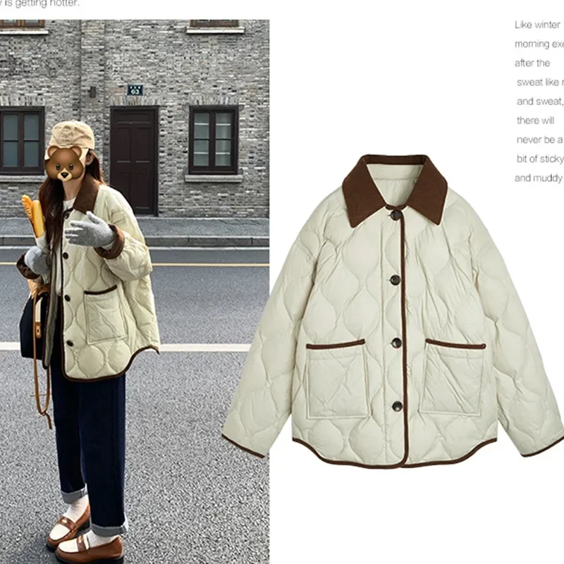 Corduroy Thin  Parkas Jacket Women 2024 New Casual Wind Rhomb  Short Cotton-padded Overcoat Japan and South Korea