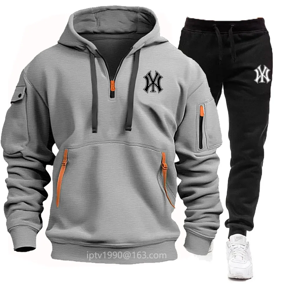 Autumn and winter men's multi-pocket zipper hoodie long sleeve jumper + casual fitness jogging pants suit sportswear 2 sets